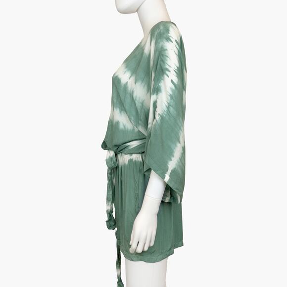 NWT FLAWLESS Faux Wrap Tie-Dye Kimono Romper with Waist Tie (Green | Size M) - Picture 3 of 9